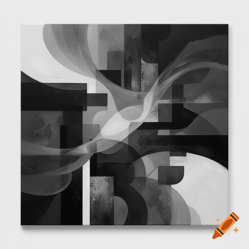 Black and white abstract painting featuring geometric shapes and flowing curved lines.