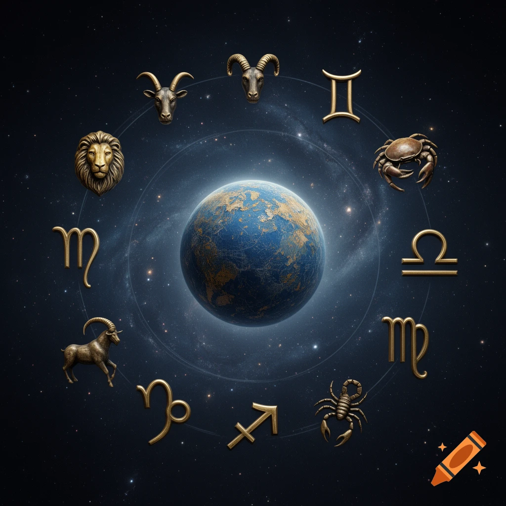 Planet Earth surrounded by a glowing zodiac circle with bronze constellation symbols and animals on a starry space background.