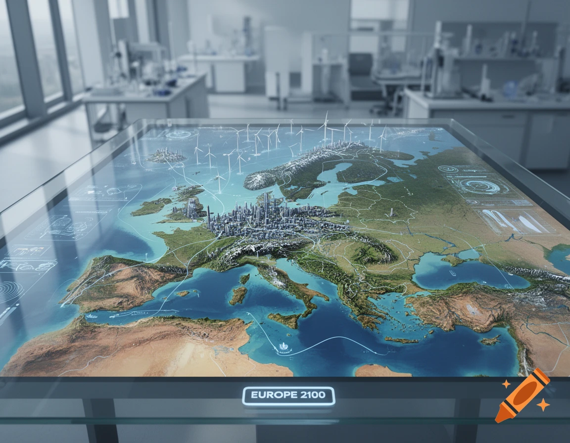 An interactive digital table displays a 3D futuristic map of Europe in 2100 with urban developments and wind turbines inside a modern laboratory.
