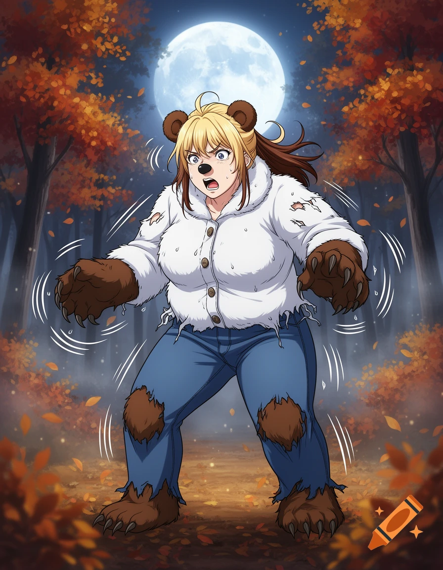 Anime style illustration of a woman transforming into a bear in an autumn forest at night under a full moon.