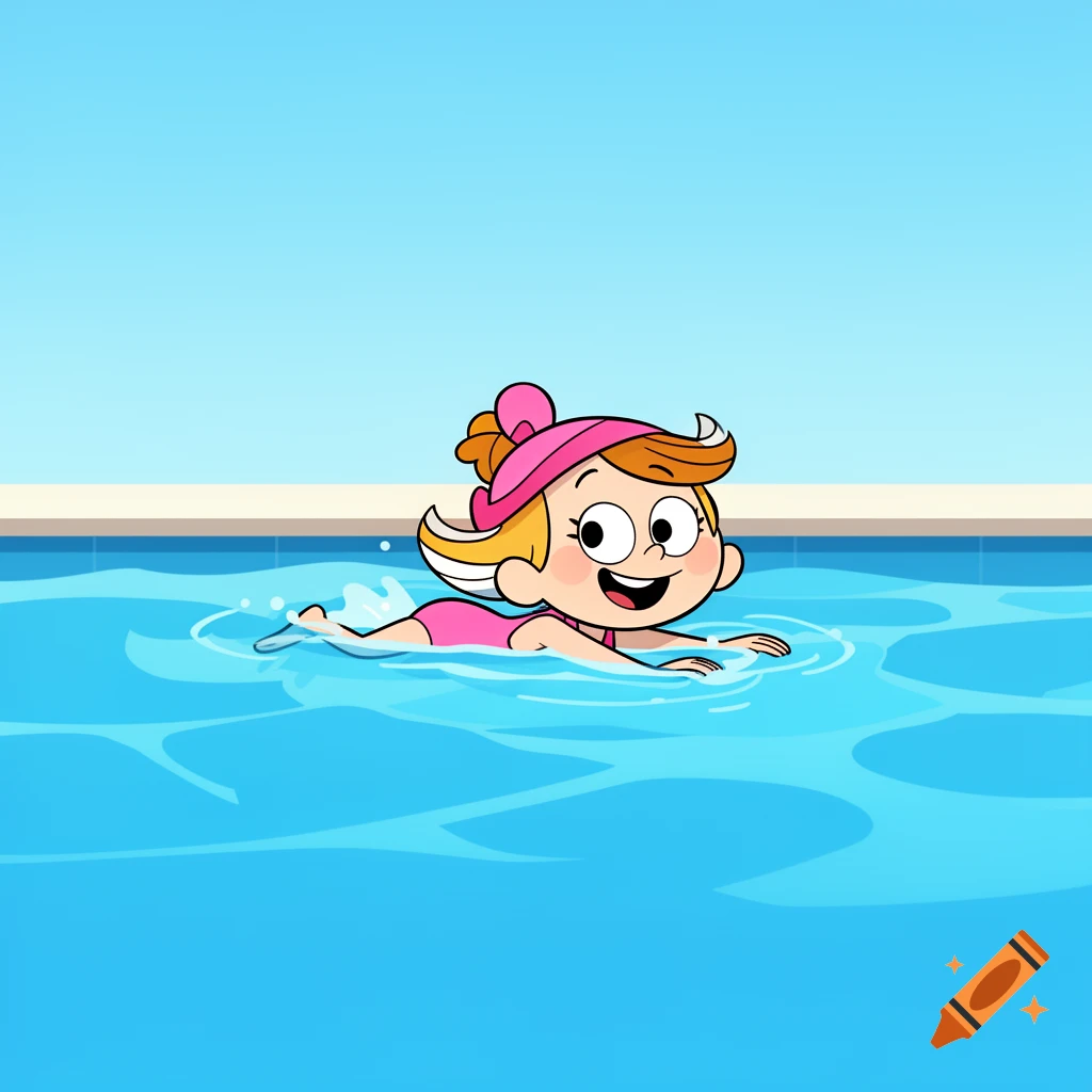 Cartoon illustration of a young girl with a pink swimsuit swimming in a pool.