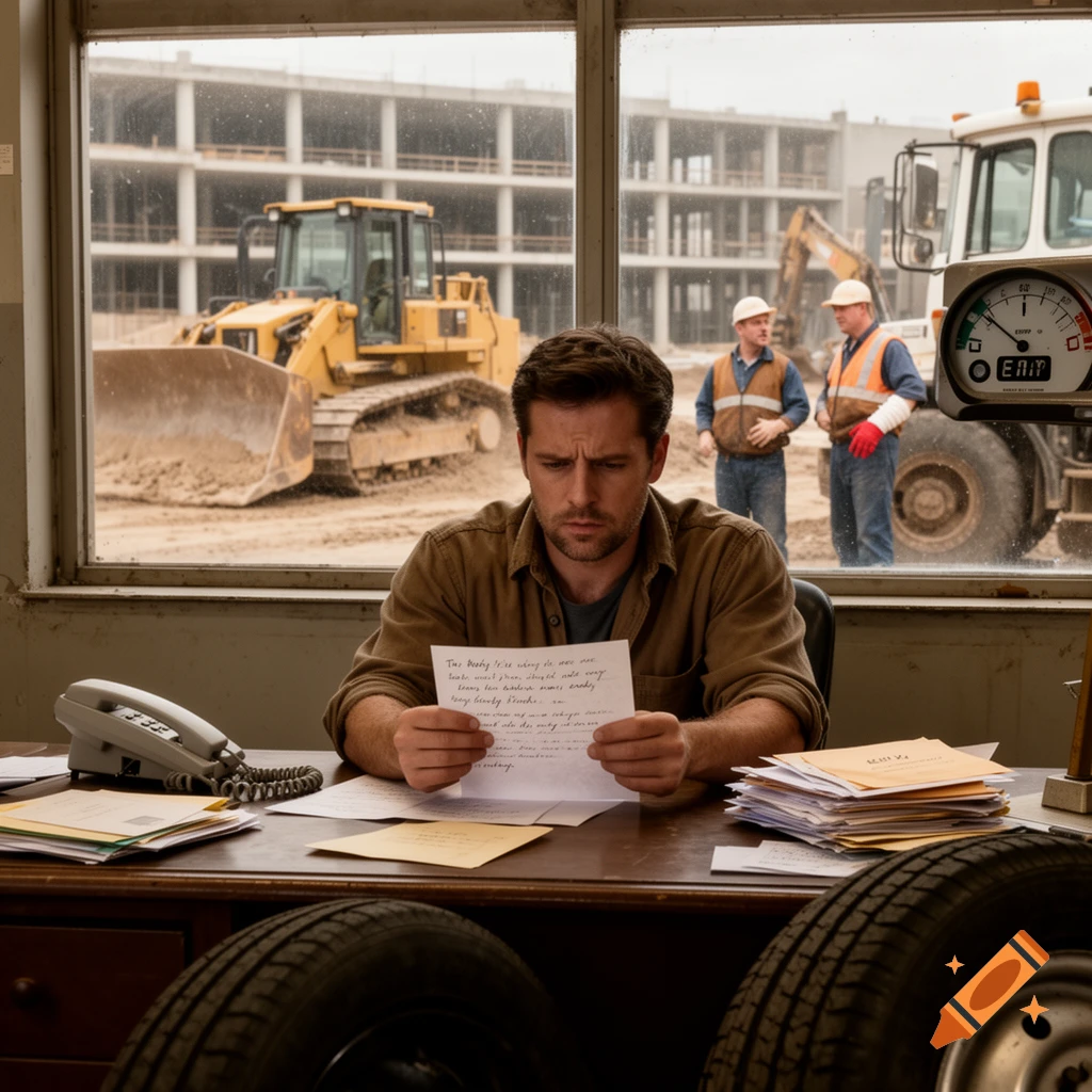 A man sitting at a desk reading a letter, with a construction site visible through the window behind him.