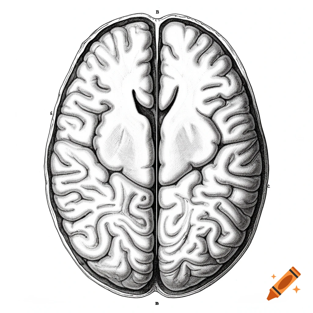 Black and white anatomical illustration of a human brain, top-down view showing gyri and sulci.