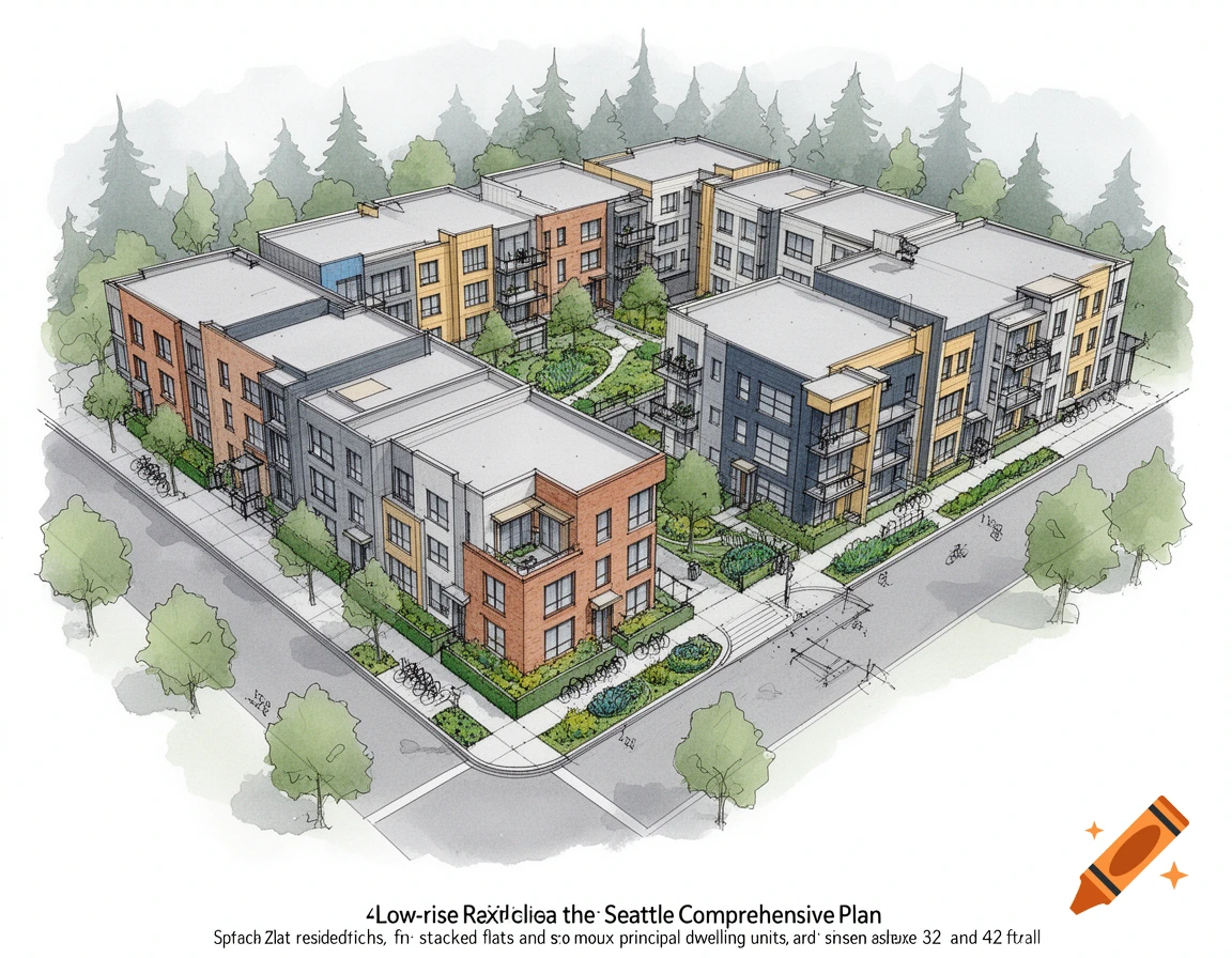 Architectural watercolor sketch of a low-rise neighborhood complex with stacked flats and green courtyards.
