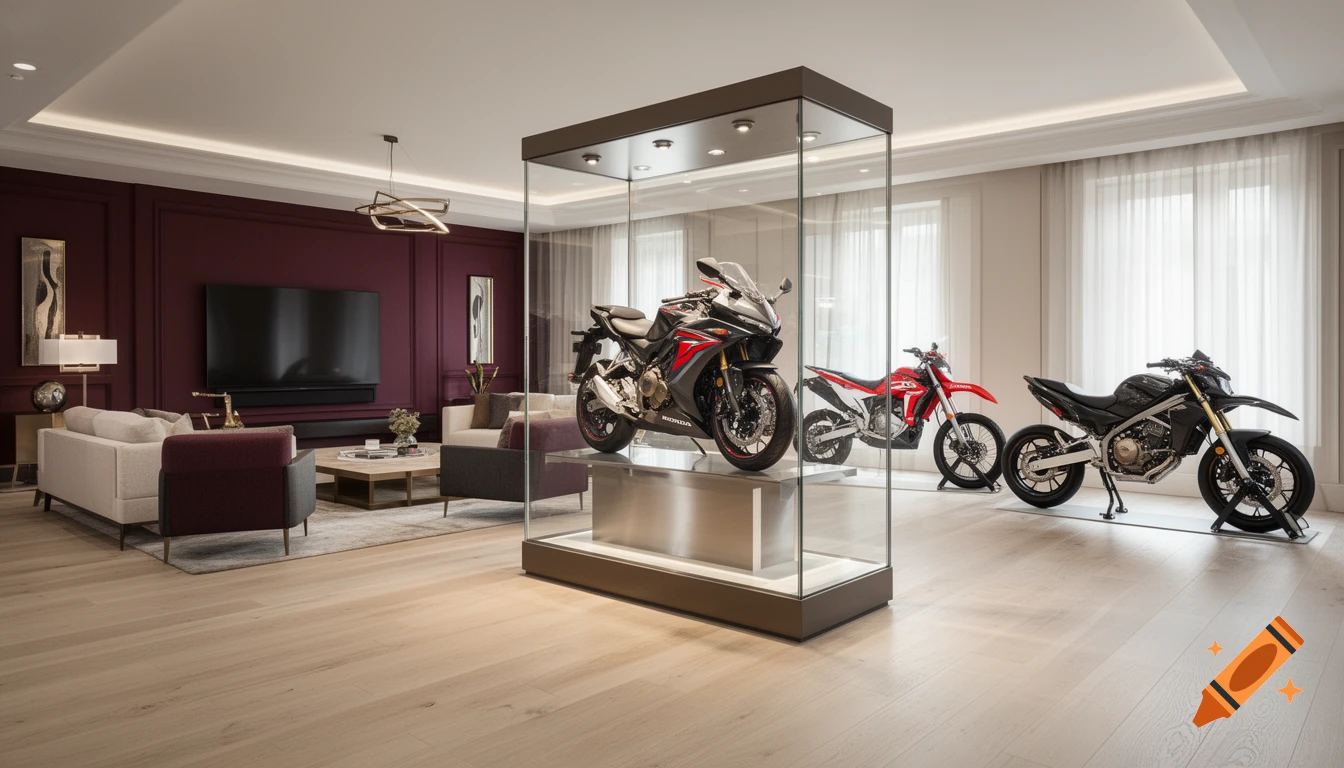 Spacious living room with modern decor, a wine-red accent wall, and three motorcycles displayed, including one in a glass showcase.