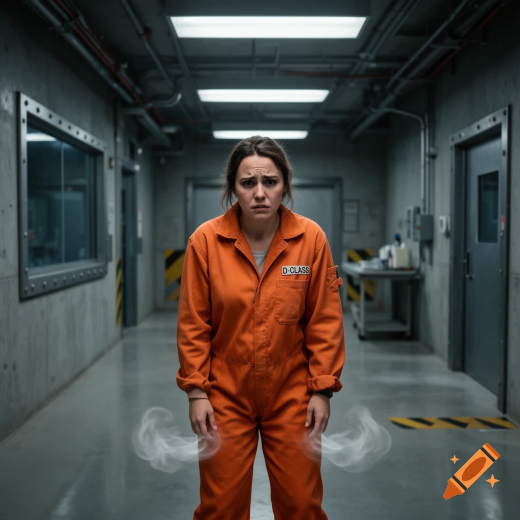 Photorealistic image of a female D-Class personnel in an orange jumpsuit standing in a sci-fi corridor.