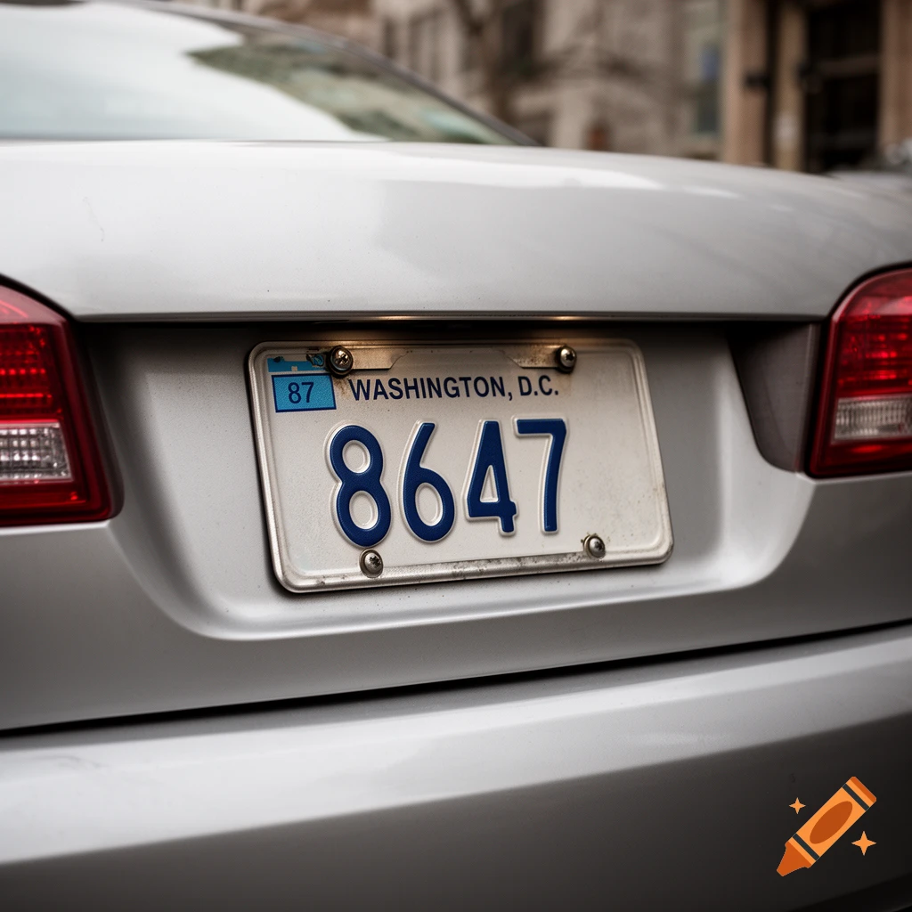 Close-up of a silver car's rear license plate reading WASHINGTON, D.C. 8647, photorealistic.