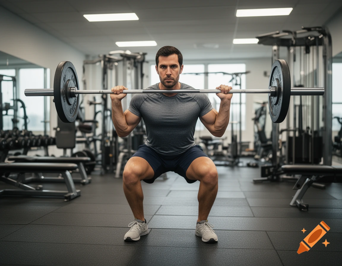 Photorealistic image of a man lifting a barbell while performing a squat in a gym.
