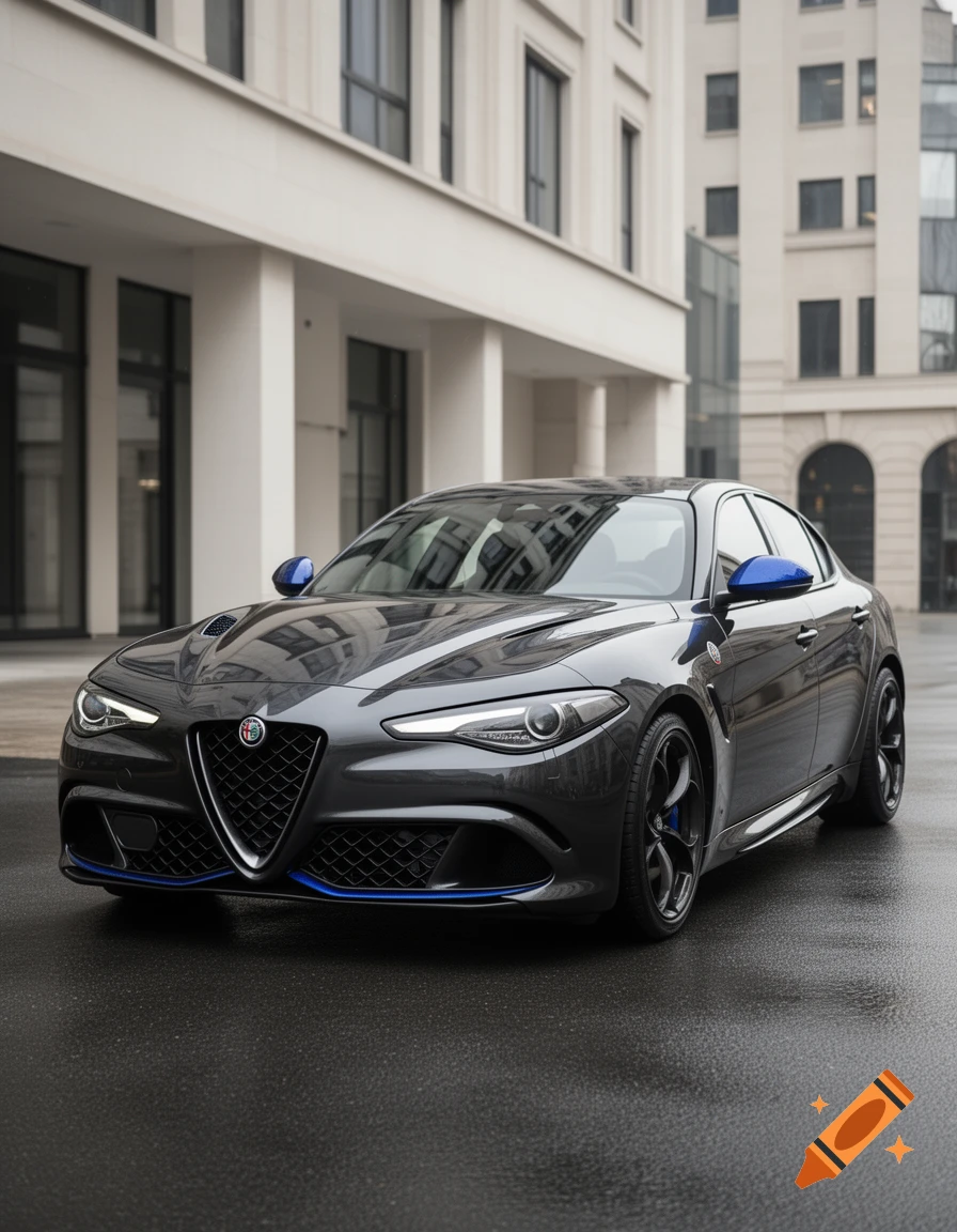 Photorealistic shot of a dark grey Alfa Romeo Giulia parked on wet pavement in front of a modern building.