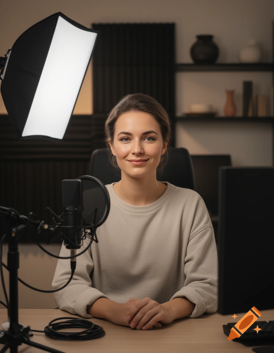 Photorealistic portrait of a smiling woman sitting at a desk with a microphone and studio lighting.