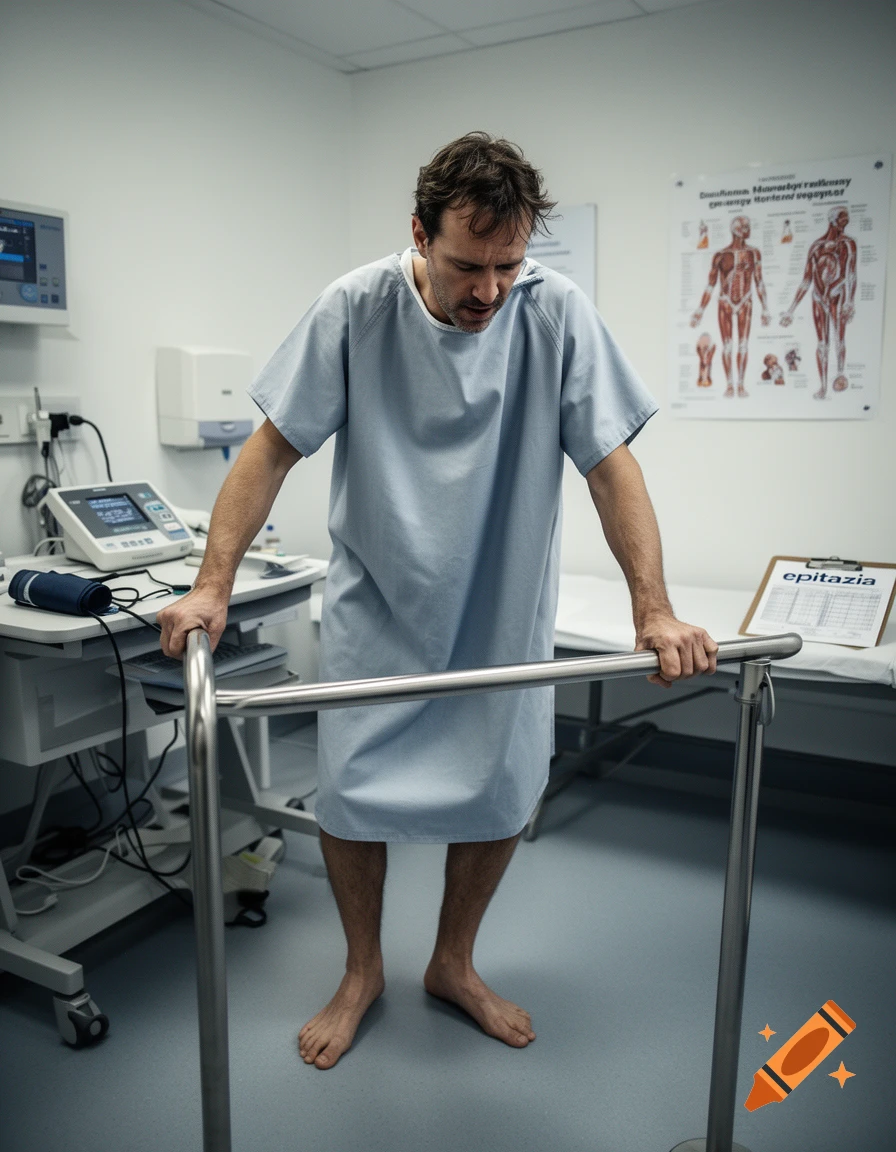 Photorealistic image of a man in a hospital gown holding onto parallel bars in a medical facility.