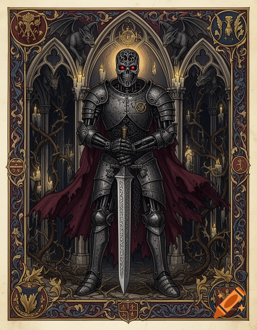 Gothic illuminated manuscript style illustration of a Terminator T-800 skeleton warrior in medieval armor holding a sword.