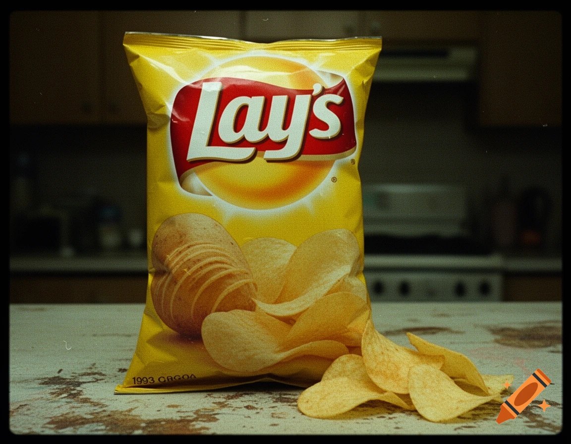 A bag of Lay's potato chips on a rustic wooden table with scattered chips in a kitchen setting, photorealistic style.