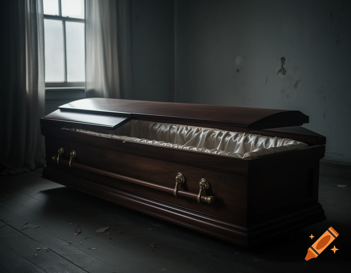 A wooden coffin with a satin-lined interior rests in a dim, dusty room near a window.