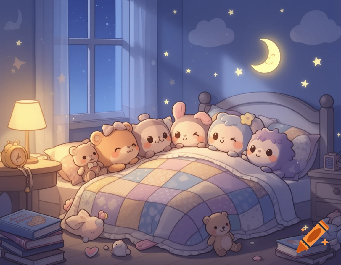 Cute cartoon stuffed animals sleeping in a cozy bed under a crescent moon, digital illustration.