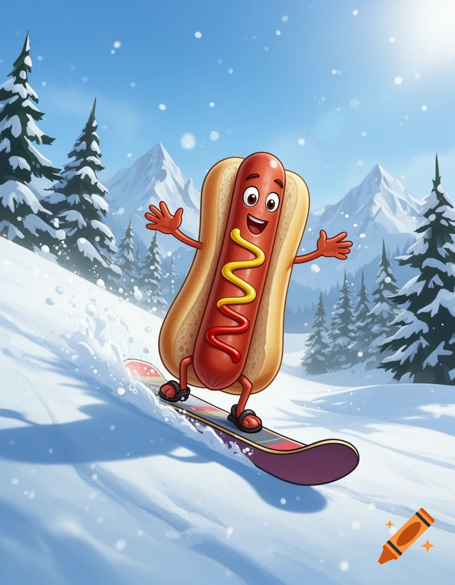 Cartoon hot dog with a smiling face riding a snowboard down a snowy mountain slope with pine trees.