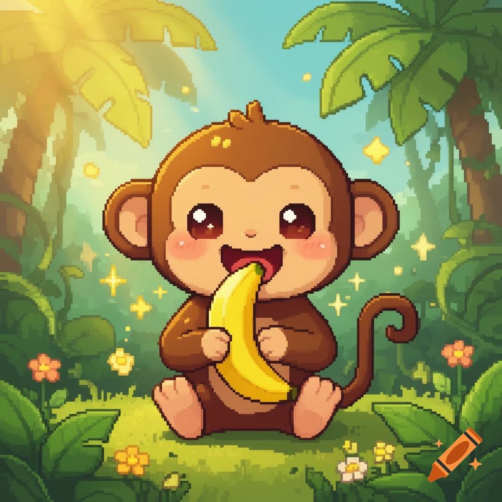 Pixel art of a cute chibi monkey sitting in a jungle and eating a banana.