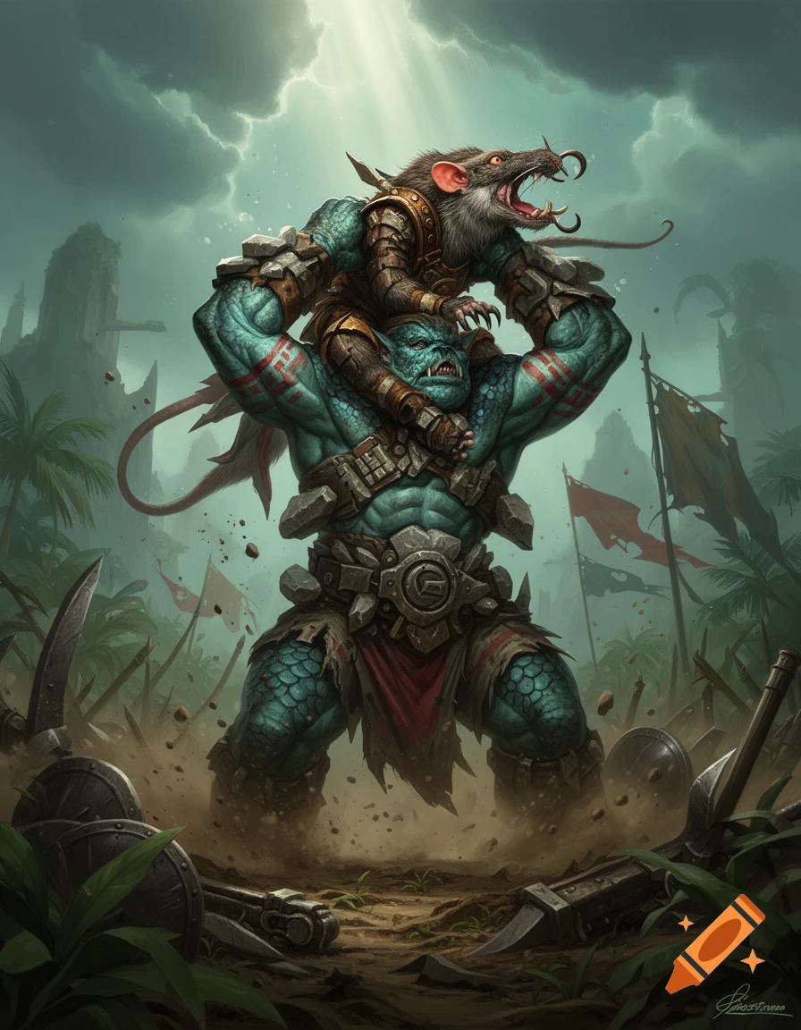 Digital painting of a blue lizard-like humanoid carrying a rat-like creature on its shoulders in a battle arena.