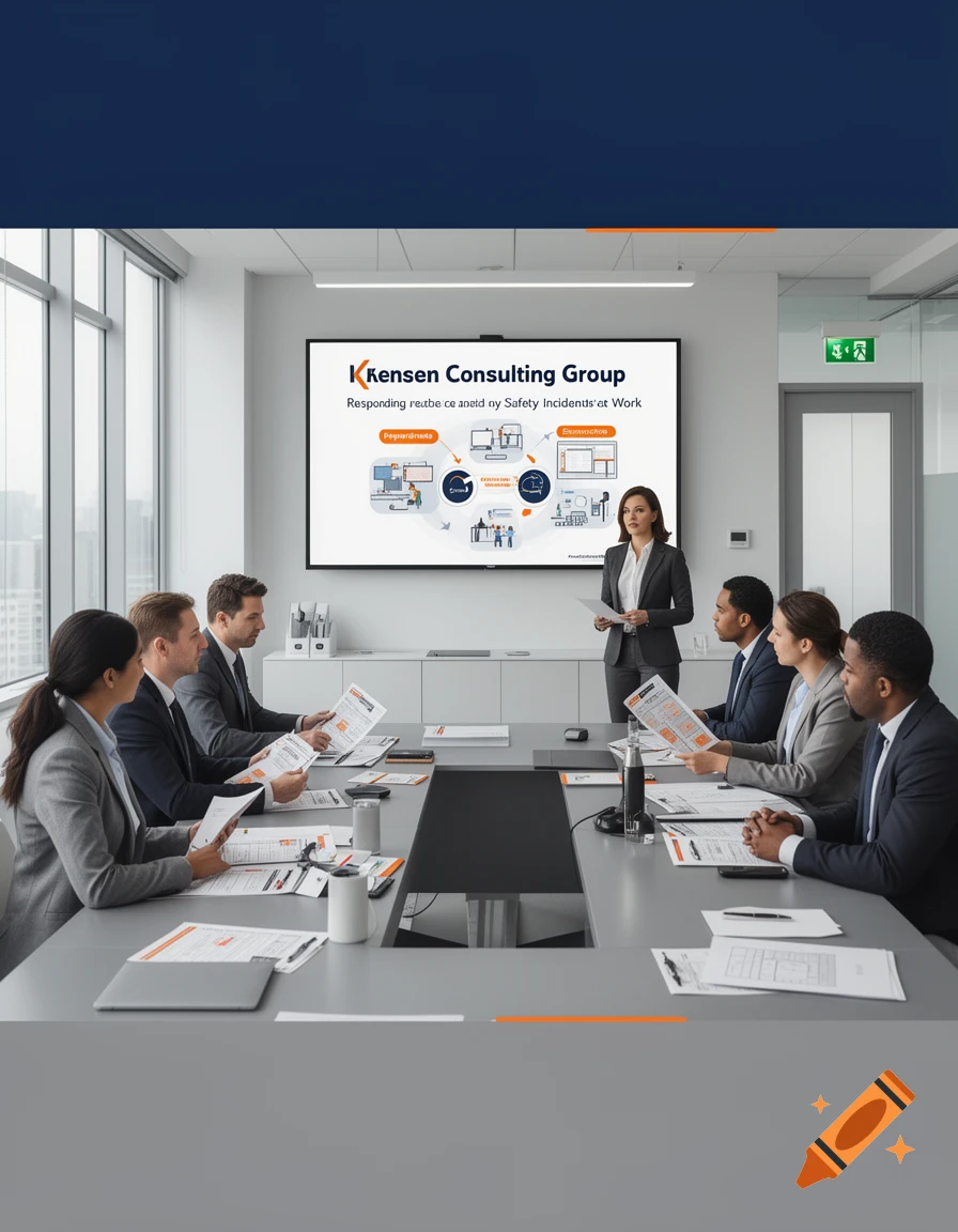A corporate boardroom meeting with a presenter and a large screen displaying charts and text, photorealistic.