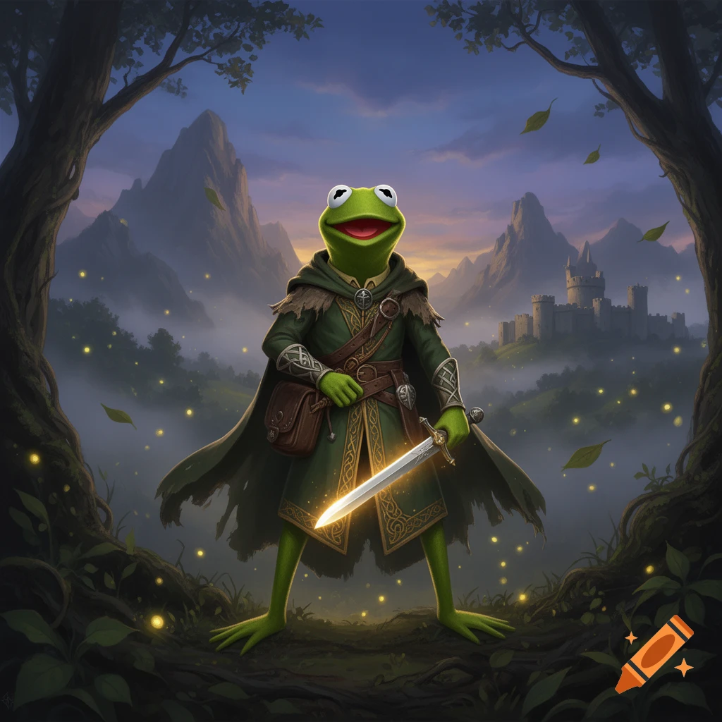 Kermit the Frog dressed as a fantasy adventurer holding a glowing sword in a misty forest with a distant castle.