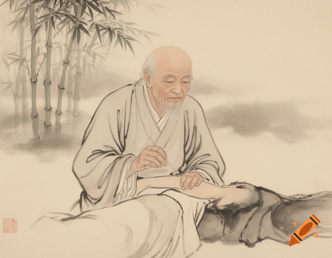 Traditional Chinese ink wash painting of an elderly physician performing acupuncture on a patient.