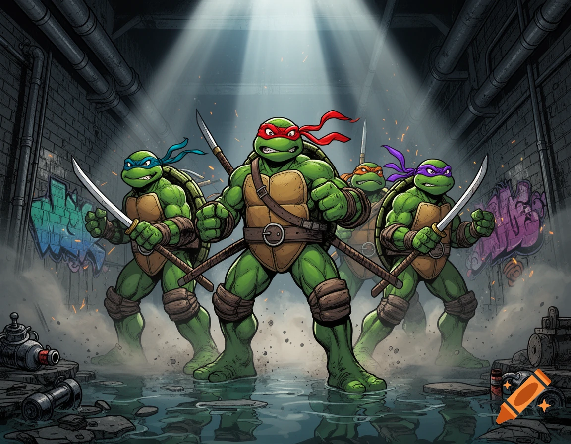 Comic book style illustration of four Teenage Mutant Ninja Turtles standing in a sewer with graffiti on the walls.