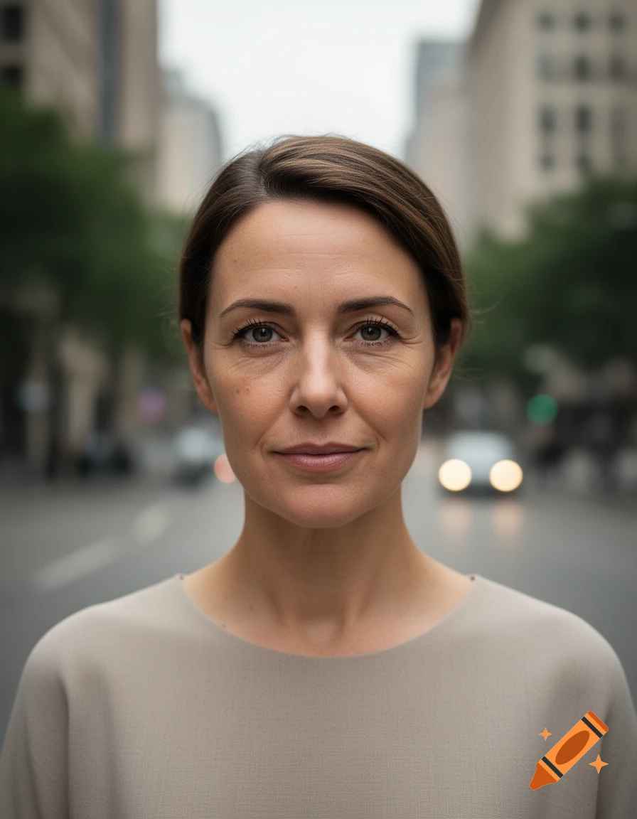 Close-up photorealistic portrait of a woman with brown hair outdoors on a blurred city street.