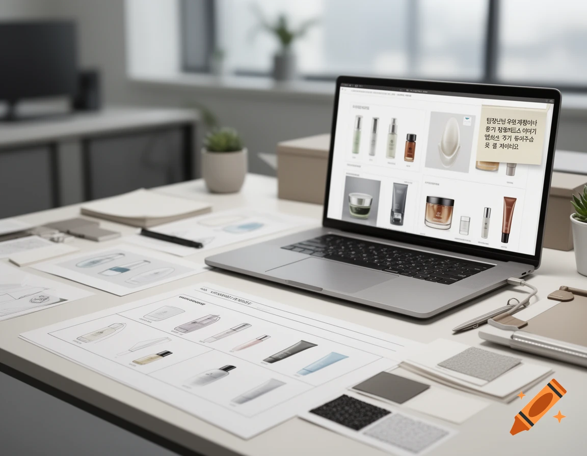 A laptop on a desk showing concept proposals with cosmetic product references and sketches.