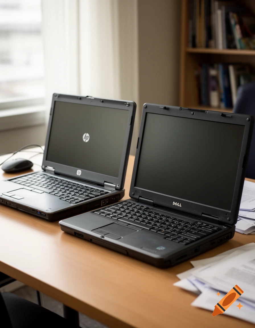 Photorealistic image of two older HP and Dell laptops sitting on a wooden desk near a window and a bookshelf.
