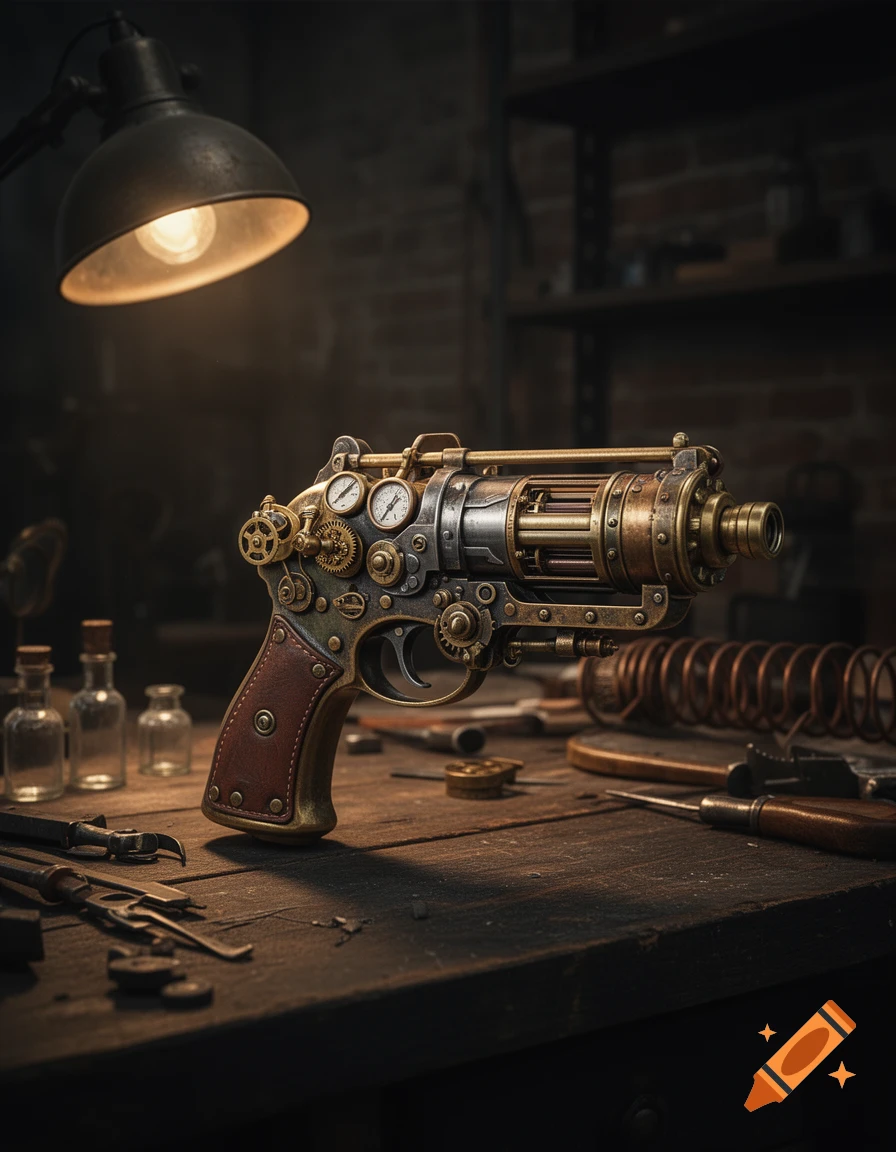 A detailed steampunk pistol rests on a dark wooden workbench with tools and a glowing lamp.