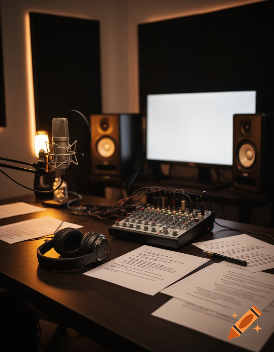 Photorealistic recording studio setup with a microphone, audio mixer, headphones, and lyric sheets on a dark desk.