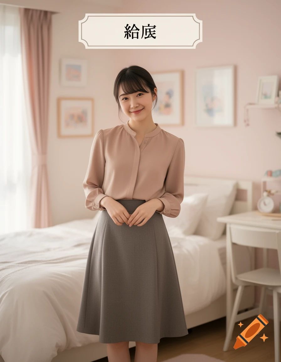 A young Japanese woman in a beige blouse and gray skirt smiling in a pink bedroom, with a sign containing text above her.