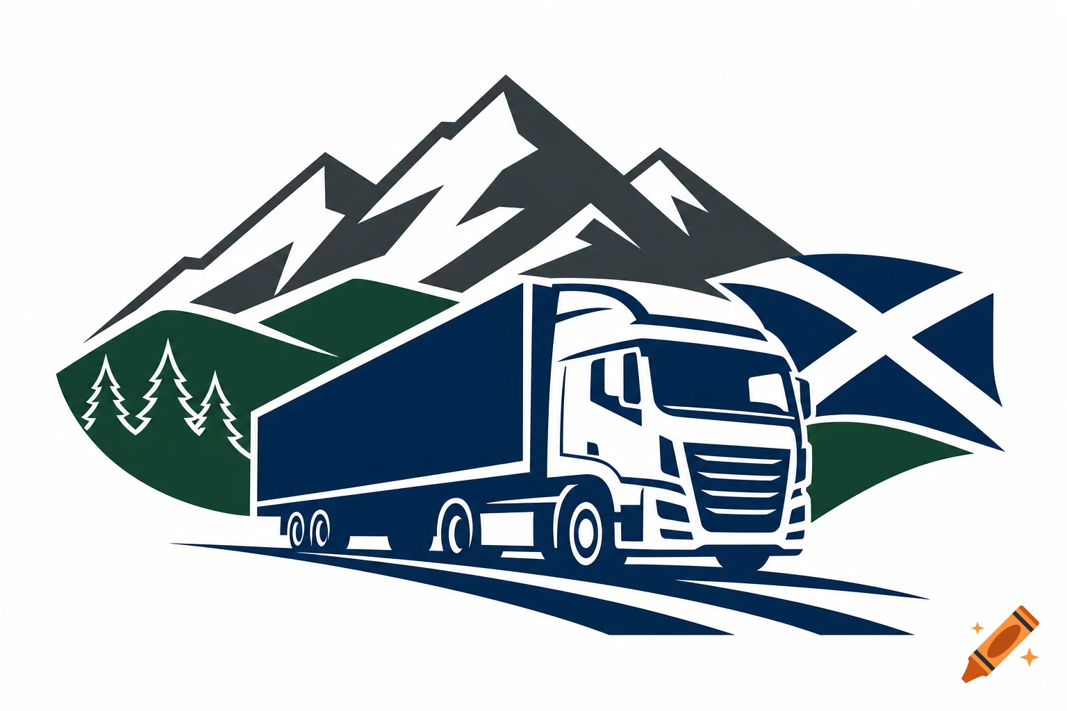 Minimalist vector logo of a semi-truck driving on a road with mountains, pine trees, and a Scottish flag in the background.