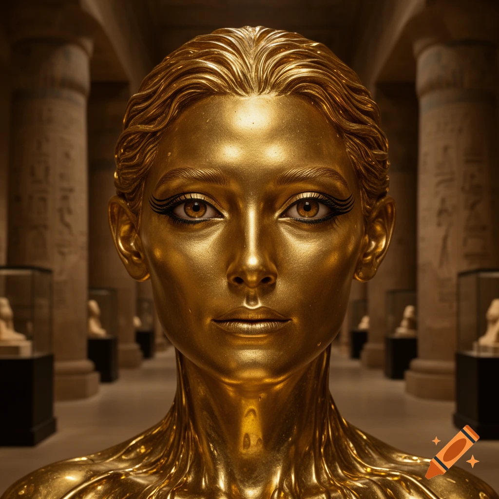Close-up photorealistic portrait of a human-like figure made entirely of glowing liquid gold inside an Egyptian museum.