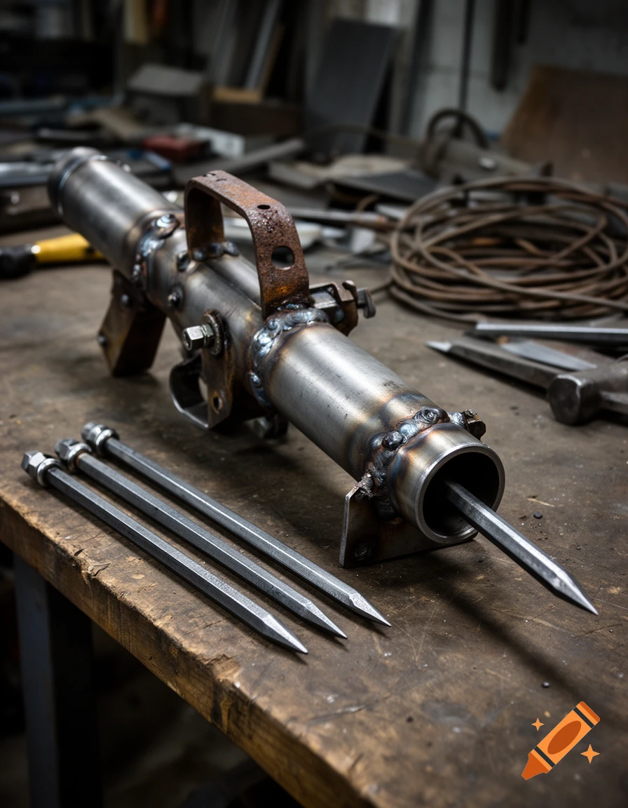 Photorealistic image of a makeshift metal gun resting on a workshop workbench with three steel stakes and a coiled cable in the background.