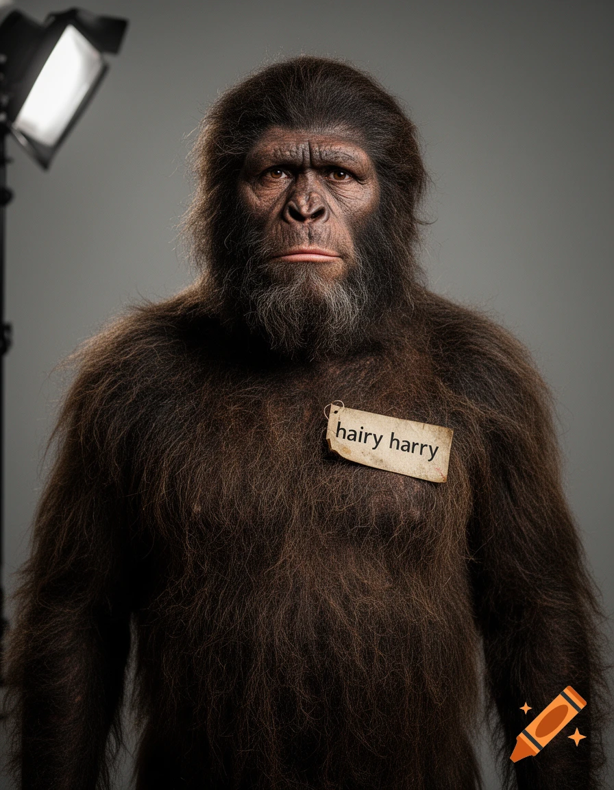 Photorealistic studio portrait of an ape-like humanoid covered in thick dark hair, wearing a name tag that reads hairy harry.