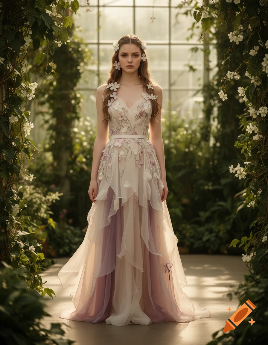 Photorealistic portrait of a young woman wearing an ethereal, floral-adorned gown in a greenhouse setting.