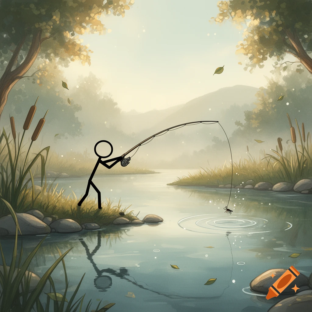 Digital illustration of a stick figure fly fishing in a calm river surrounded by trees and mountains.