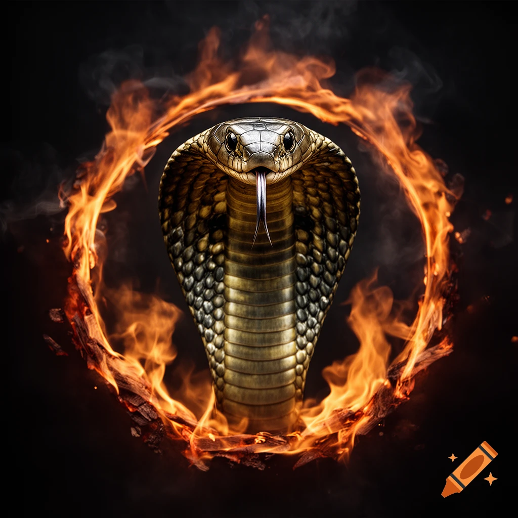Photorealistic cobra snake with its hood flared, sticking out its tongue, framed within a burning ring of fire against a dark background.