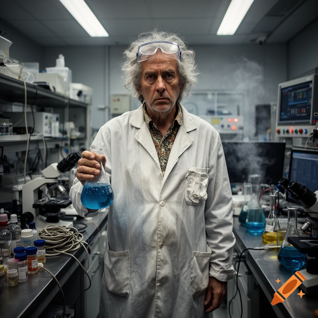 Photorealistic portrait of a mad scientist in a laboratory holding a flask of blue liquid, wearing a lab coat and safety goggles.