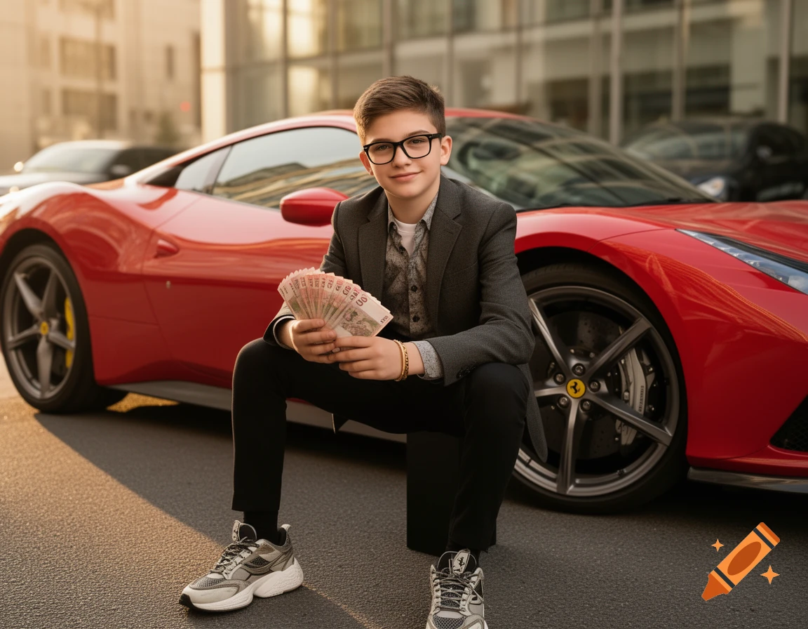 Photorealistic image of a teenage boy in a suit and glasses holding money, sitting in front of a red sports car.