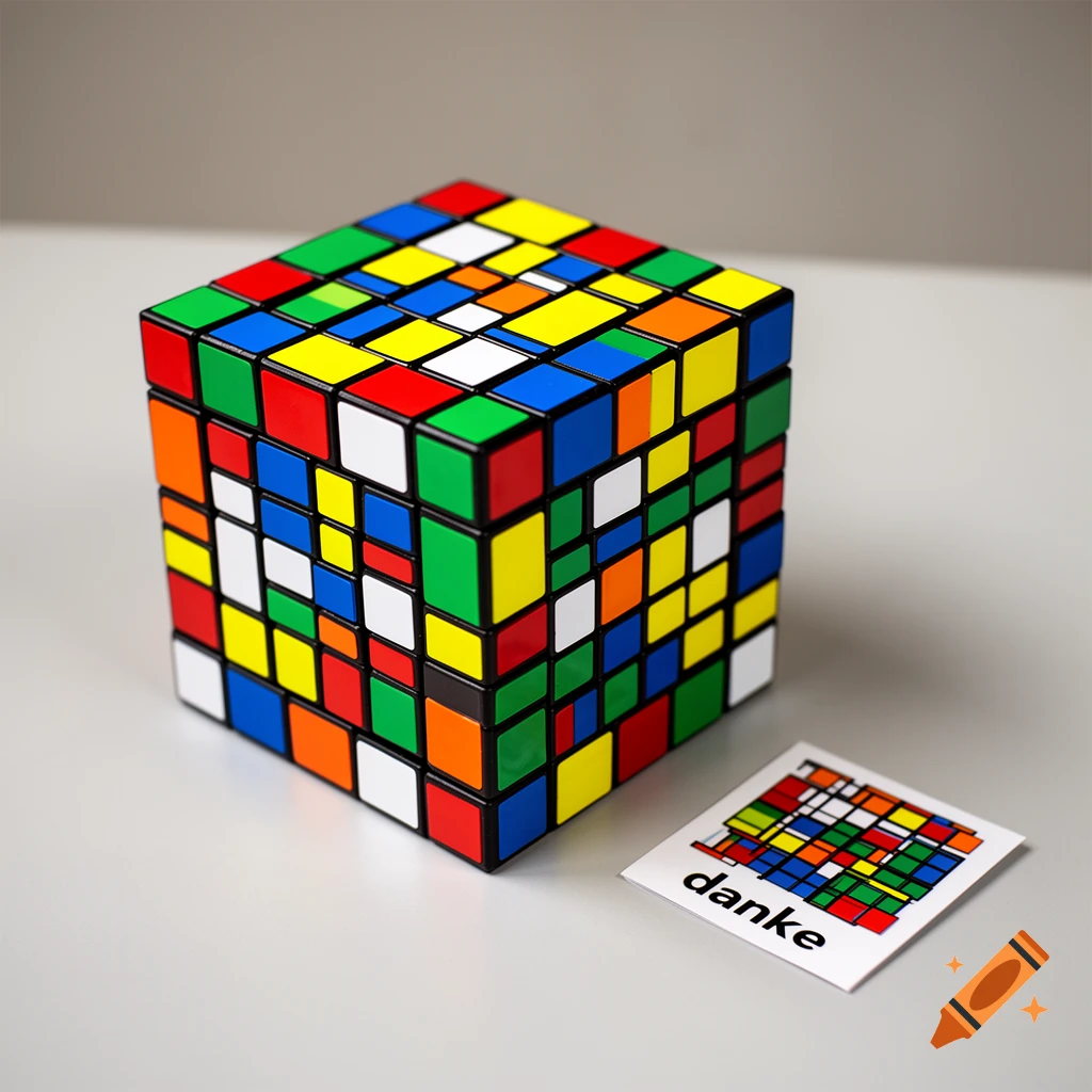 A custom 10x10 Rubik's-style mosaic cube on a white table next to a small card reading 'danke'.