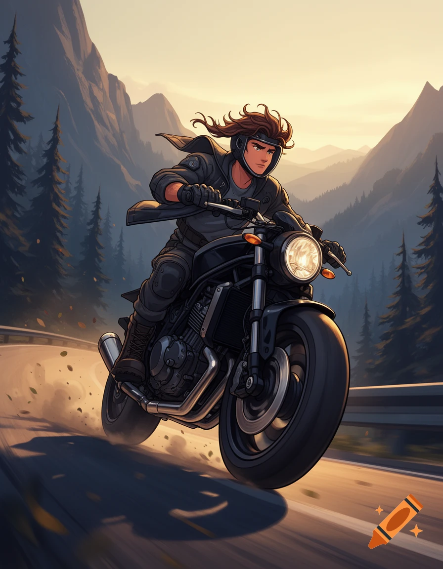 Animated style illustration of a person riding a motorcycle along a winding mountain road with pine trees.