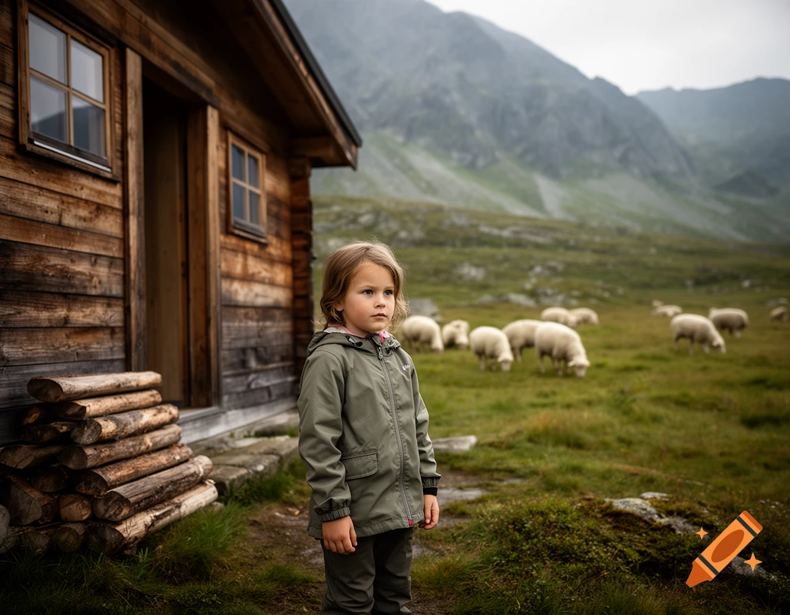 Photorealistic image of a young girl standing outside a wooden mountain cabin with sheep grazing in a green meadow.