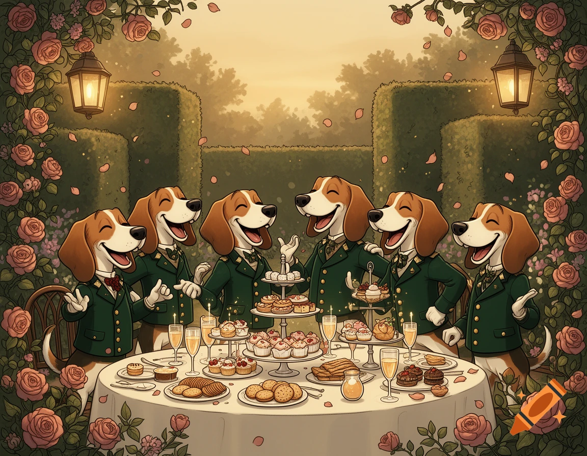 Cartoon illustration in Tasha Tudor style of six anthropomorphic beagles in green hunting coats gathered around a banquet table with treats and drinks.
