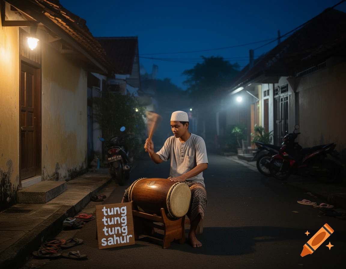 A young man wearing a white cap sitting on a street at night, beating a traditional drum next to a sign that reads tung tung tung sahur, photorealistic.