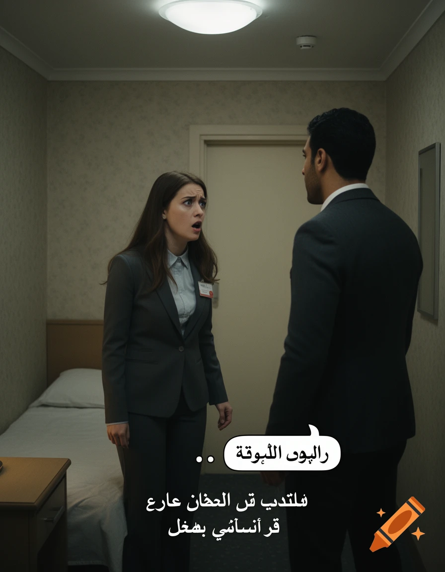 A man in a suit facing a shocked woman in a business suit inside a small hotel room.