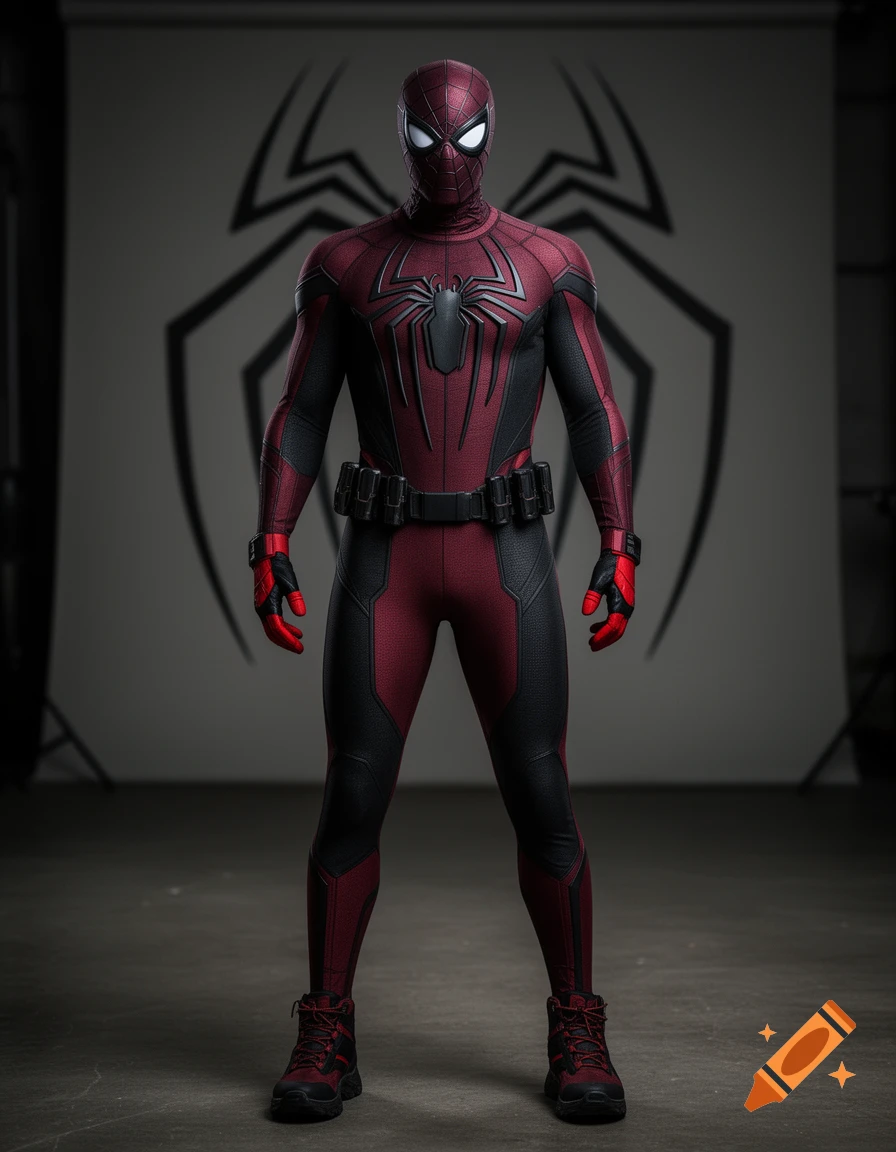 Photorealistic full-body shot of a character in a dark red and black spider-themed tactical suit with a large spider symbol.