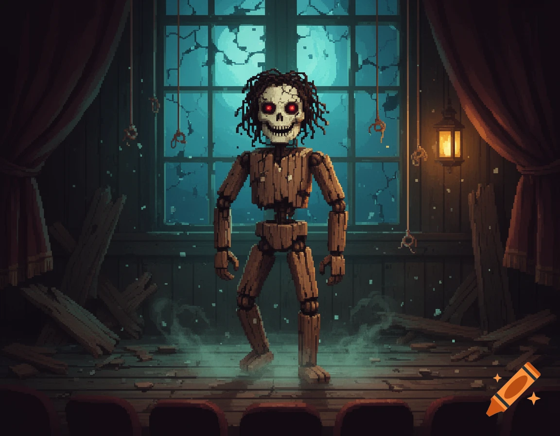 Pixel art of a creepy wooden puppet with glowing red eyes standing on a stage with a full moon visible through a window in the background.