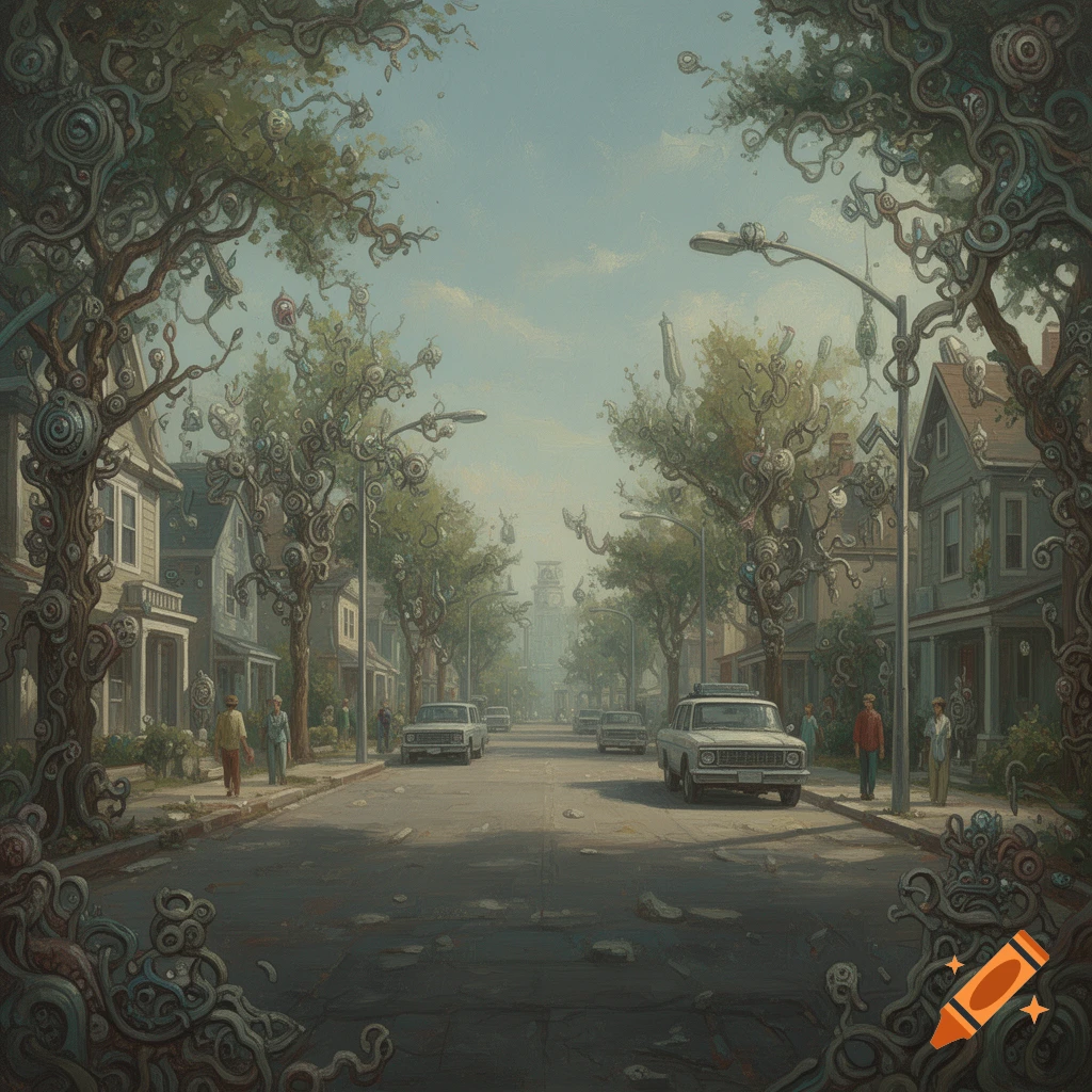 Surreal suburban street where trees and objects transform into intricate, jumbled organic patterns upon closer inspection.
